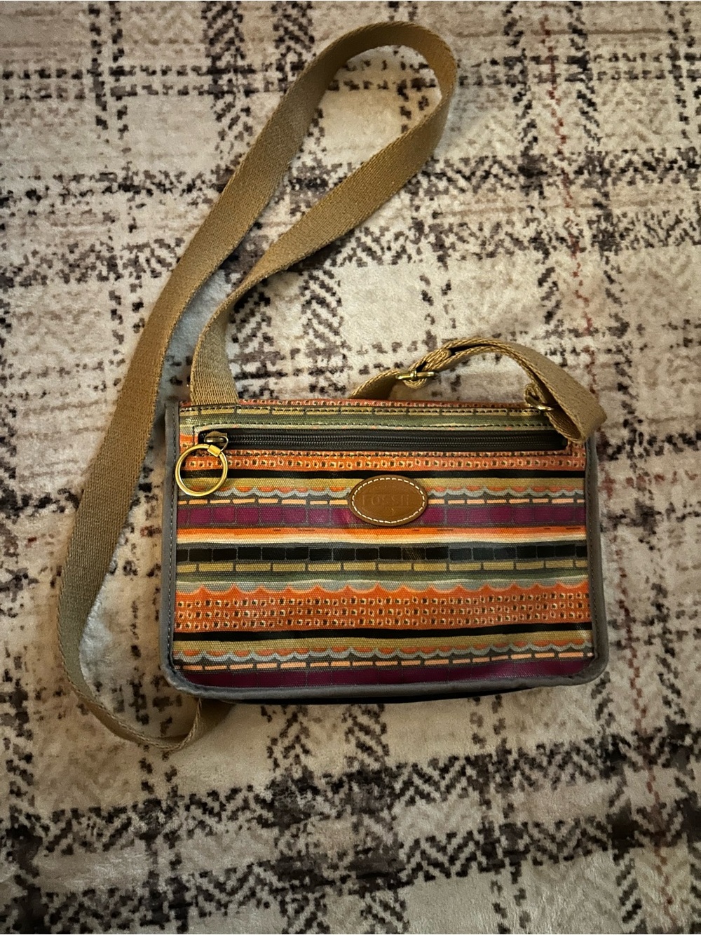 Fossil Striped Multicolor Canvas Crossbody in Orange, Pink, Green and Tan